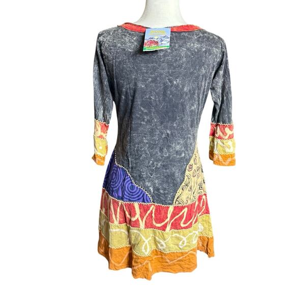 RISING INTERNATIONAL Dress Medium 3/4 Sleeve Boho Patchwork Embroidered Hippie - Picture 3 of 10